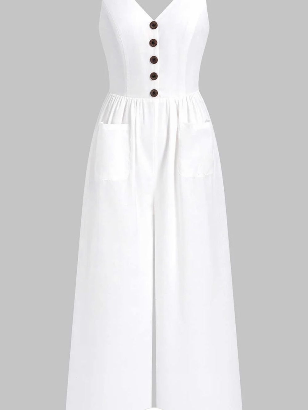 White Button-Front Wide-Leg Jumpsuit with Pockets - Picture 2 of 6